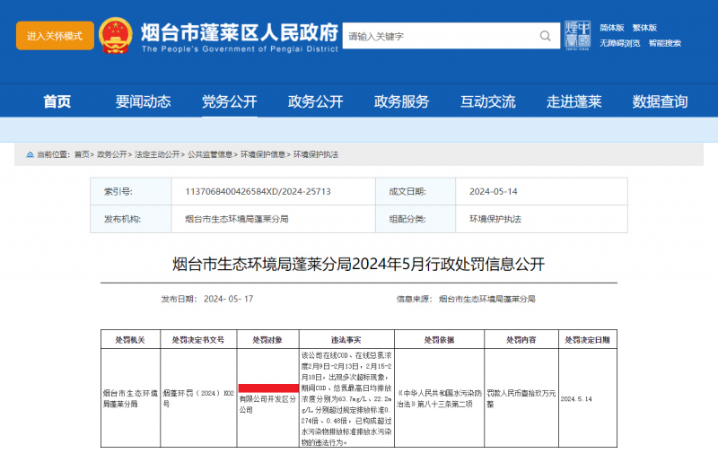 煙臺(tái)碧海污水處理有限公司處罰信息截圖